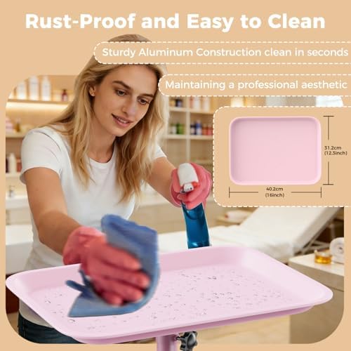 36" Salon Tray on Wheels Pink, Adjustable Height Tattoo Tray Cart - Image 4