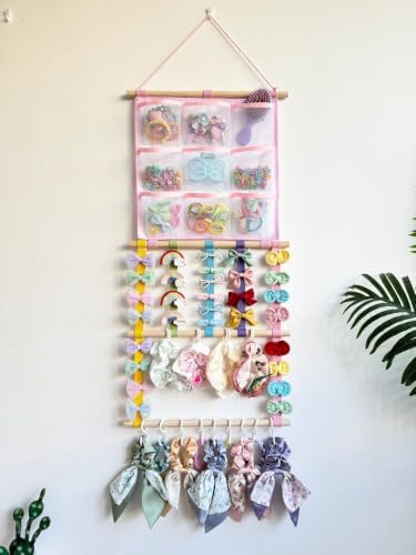 Headband & Hair Bow Organizer for Girls, Wall Hanging Hair Accessories Holder with 20 Hooks & 9 Mesh Pockets, Storage Display for Hair Clips, Scrunchies, Nursery Room Décor(Colorful) - Image 2