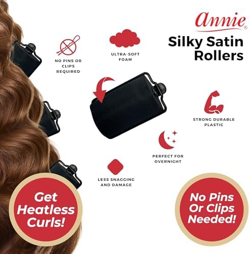 Annie Silky Satin Jumbo Hair Rollers - 6 Pack Black Foam Sponge Curlers for Heatless Curls - Soft Sleep Styler Pillow Rollers for All Hair Types, Prevents Breakage & Frizz (1.5 Inch Diameter) - Image 3
