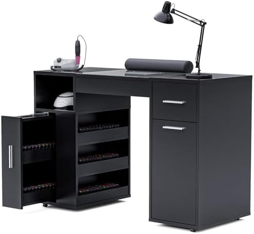 Manicure Table with Dust Collector, Glass Top and Wheels (Black) by Oakvera