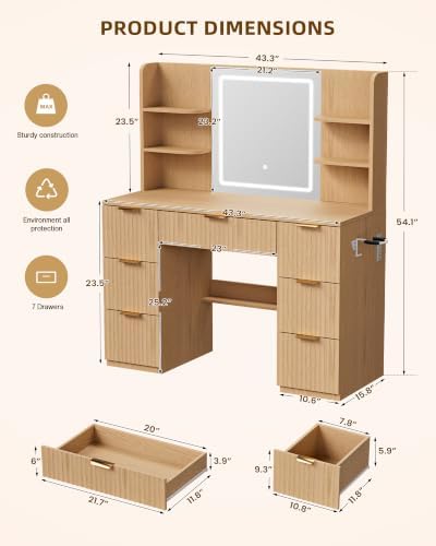 LIVELYGLOW 43" Large Natural Wood Makeup Vanity Desk with Charging Station - Image 4