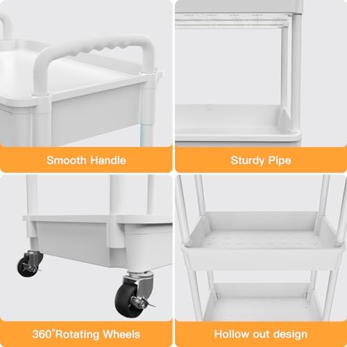 5 Tier Rolling Utility Cart with Drawer,REBECAT Utility Cart Made of Multifunctional Storage Organizer Tool for Kitchen,Bathroom,Living Room,Office(White) - Image 2
