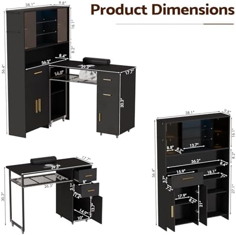 Manicure Table with Dust Collector and LED Display Cabinet (Black) - Image 2
