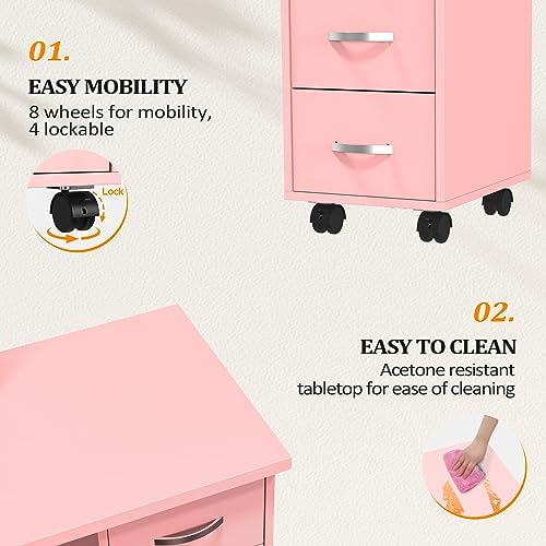 OmySalon Manicure Table Nail Desk with Cabinet, Drawers, Wheels & Wrist Rest, Spa Salon Beauty Home Wooden Technician Workstation for Nail Tech, Pink - Image 4