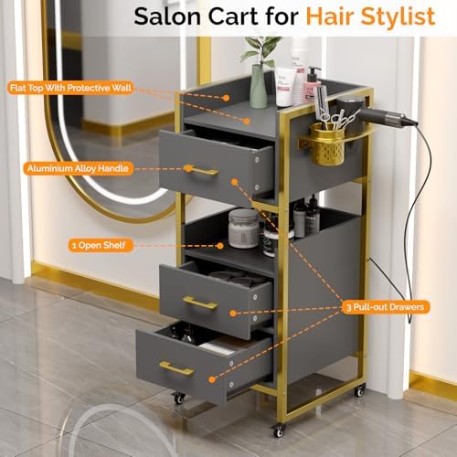 OmySalon Salon Trolley Cart, Hair Styling Station with 3 Drawers, 2 Open Shelf & Tool Holders, Mobile Barber Storage Cabinet Utility Trolley for Beauty Salon Spa, Gery - Image 3