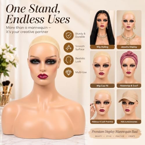 Realistic Female Mannequin Head with Shoulders – Lifelike Cosmetology Manikin Display Bust for Wigs, Jewelry, Necklaces, Hats, Sunglasses, Scarves & Makeup Practice. (Brown red Lip) - Image 2