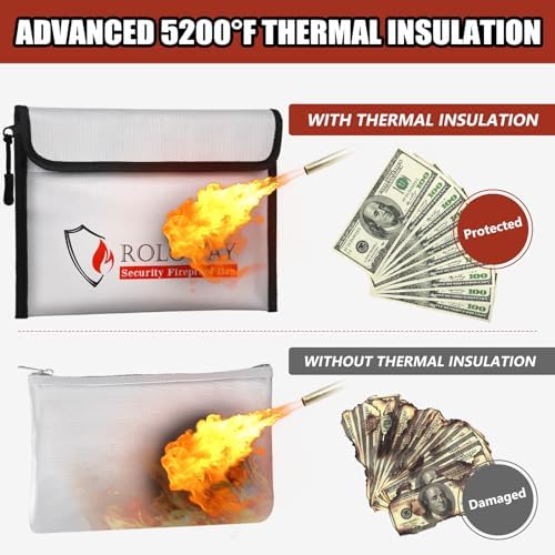 ROLOWAY Fireproof Bag (9.6 x 6.6 inches) 5200℉ Heat Insulated, Fireproof Money Bag with Zipper for Cash (2-Pack) - Image 3