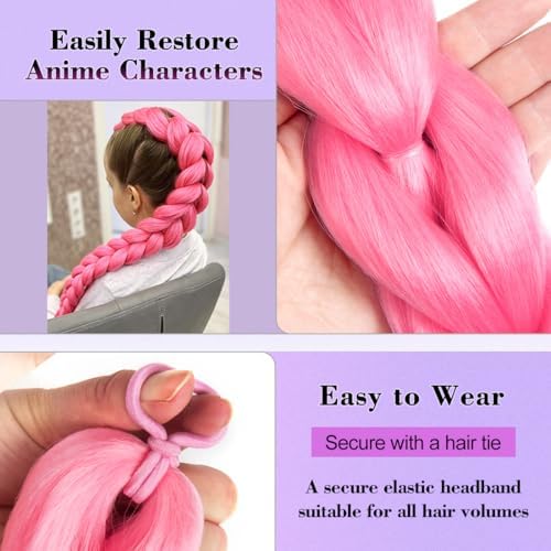 Getgal Pink Hair Extensions 24inch Pre Braiding Hair Synthetic Braid Ponytail Hair For Halloween Costume Cosplay（24inch Ponytail Pink） - Image 3