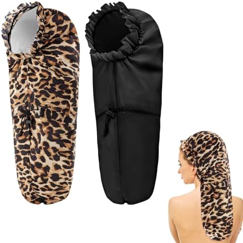 2 Pcs Large Shower Cap for Braids, Extra Long Shower Cap for Women Long Hair & Locs, Waterproof Hair Bonnets for Dreadlocks Drawstring Bath Caps for Women & Men (Black, Leopard) by Unknown
