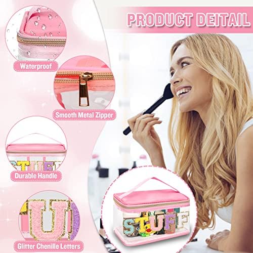 2 Pack Chenille Letter Clear Makeup Bags Stuff Pouch, Preppy Patch Makeup Bag Zipper with Handle, Pink Stuff Bags for Travel Nylon Waterproof Glitter Cosmetic Toiletry Storage for Women(Pink+Green) - Image 3