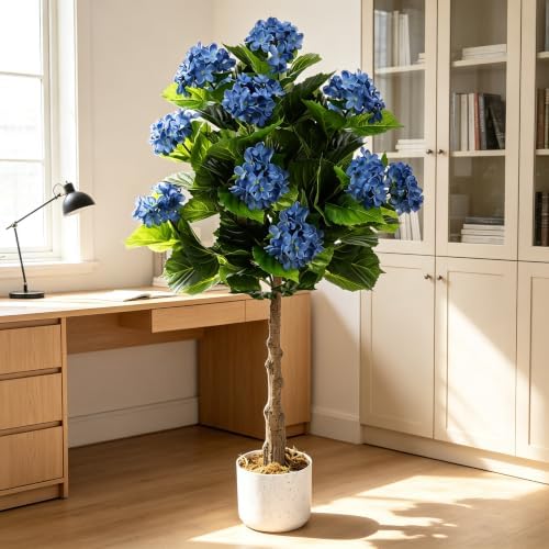 Garvee Artificial Hydrangea Tree, 3.1 FT Faux Hydrangea Plant in Pot with 9 Lifelike Blue Flowers, Fake Potted Flower Trees with Black Planter for Indoor Home Office Decor by Garvee