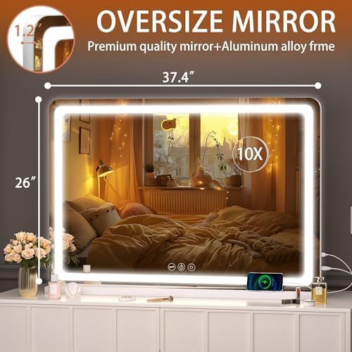 Hasipu Vanity Mirror with Lights, 37.4" x 26" LED Makeup Mirror, Lighted Makeup Mirror with Dimmable 3 Modes, Touch Screen Control Vanity Mirror Round White - Image 2