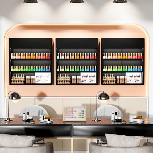 OmySalon Wall Mounted Display Rack, 32-Inch 3-Tier LED Nail Polish Organizer Shelf with USB Touch Control, for Nail Salon, Spa, Beauty Studio Storage, Wooden Retail Display (Black) - Image 2