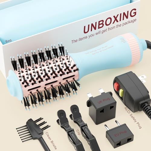Travel Dual Voltage Hair Dryer Brush 4-in-1 Portable Mini Hot Air Blow Dryer Straightener & Curler Brush, Titanium Round Blowout Styler Volumizer Tools, 110/240V US/EU/UK -Baby Blue & Light Pink - Image 6