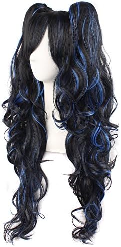 MapofBeauty Lolita Long Curly Clip on Ponytails Cosplay Wig, Black/Blue - Image 3
