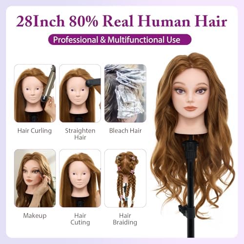 Mannequin Head 80% Human Hair with Tripod Stand, 28 Inch Makeup Cosmetology Manikin Head Braiding Mannequin Head with stand, Hairdressing Training Practice Doll Head for Hair Styling with Table Clamp - Image 4