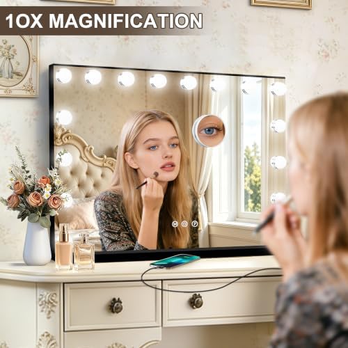 Ratsamee Black Hollywood Vanity Mirror with Lights, 17 Dimmable Bulbs, 3 Color Lights,Make Up Lighted Mirror, Aluminum Metal Frame, USB Charging Port（26" x 20"） - Image 6