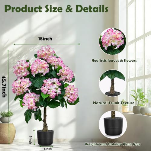 THKFUL 3FT Artificial Hydrangea Flower Tree with Natural Wood Trunk, Faux Pink White Floral Topiary Tree Potted for Indoor Home, Living Room, Wedding, Party Event Decor - Image 5