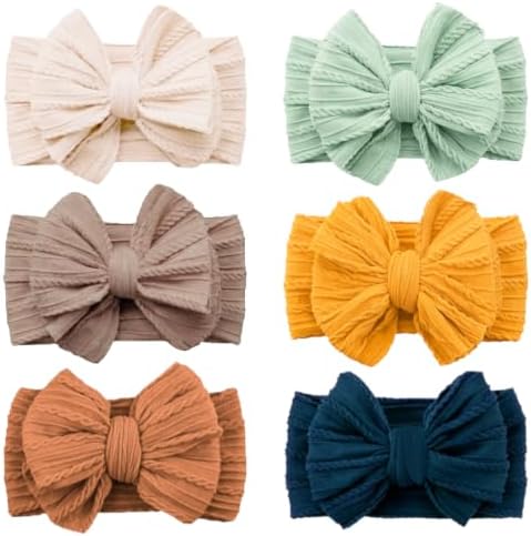 Baby Bows Headbands Soft Nylon Handmade Hair Accessories for Newborn Infant Toddler Kids (6 Mixed Brown, Large) by YWAOAIJD