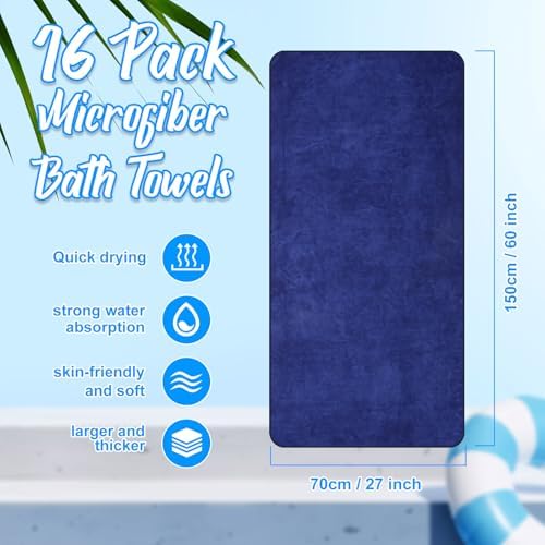 SmoothNovelty 16 Pack Microfiber Bath Towels Bulk, Simple, Navy Blue - Image 2