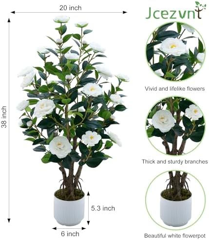 2 Pack Artificial Camellia Tree with White Pot, 38" Faux Potted Plants for Indoor Outdoor Decor, Tall Silk Greenery Plant for Home Offce Living Room Balcony, White - Image 3