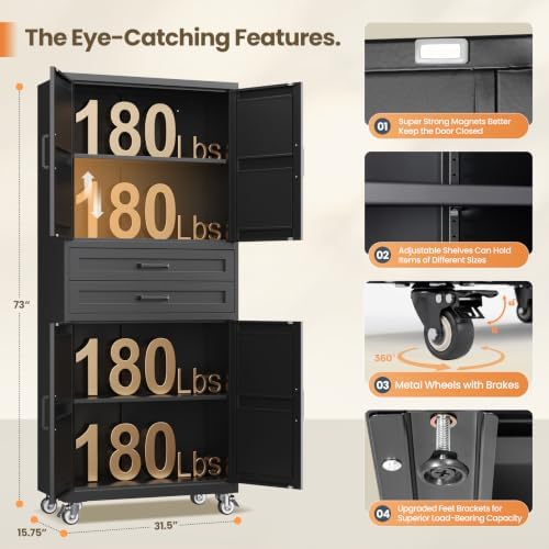 Yizosh 73" Black Mobile Metal Kitchen Pantry Storage Cabinet with 2 Drawers - Image 3