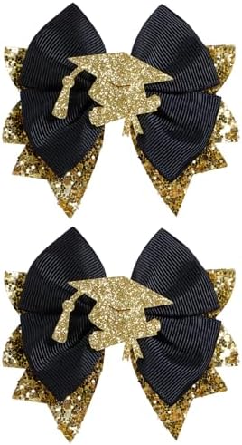 2PCS Graduation Hair Bows for Girls 3.5" Glitter Gold Black Happy Graduation Cap Ribbon Bow Alligator Barrettes for Students Teachers Week Gift Cheer Party School Uniform Accessory by KCHIES-AccessoryCollection