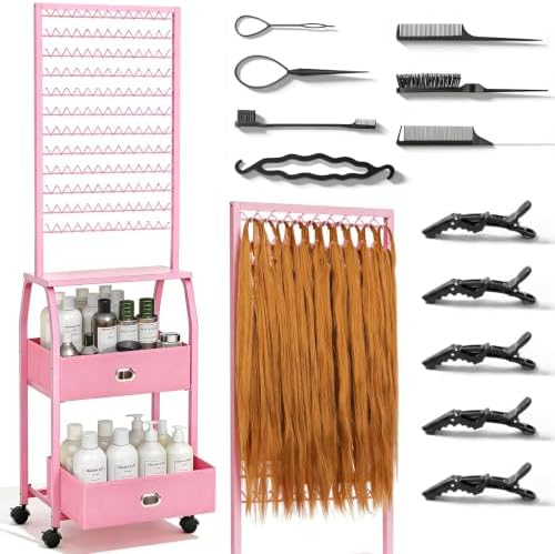 Portable Braiding Hair Rack with Wheels & Storage Drawers,2-Sided 288 Pegs,Hair Extension Holder Hanger for Braiding Hair Separator Stand Display,Hair Rack with Stylist Hair braiding Tools（Pink） by XINTUO