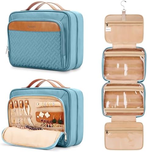 COOSKY Travel Hanging Toiletry Bag for Women, Cruise Ship Essentials, with Jewelry Organizer, Extra Large Makeup Dopp Kit, Waterproof Cosmetic Bags, Toiletries Kit Set with Trolley Belt, Sky Blue by COOSKY