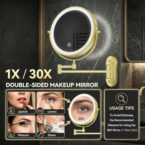 Auxmir 1X/30X Wall Mounted Makeup Mirror, 8" Rechargeable Magnifying Mirror - Image 2
