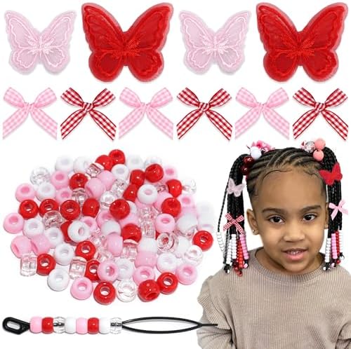 100pcs Hair Beads for Braids Dark Red Lace Embroidery Butterfly Hair Clips Gingham Small Hair Bows Acrylic Loc Dreadlock Pony Beads Y2K Hair Accessories for Girls by Arocooy