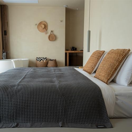 Luxury Organic Japanese Cotton Waffle Towelket Throw Blanket Bedspread for All Sleepers | Soft, Breathable and Thermoregulating (Smoke Grey, 67''x91'') by KOSMU