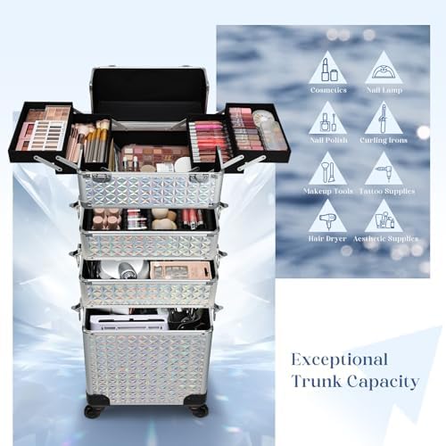Stagiant Rolling Makeup Case Cosmetology Case on Wheels 4 in 1 Large Cosmetic Organizer Train Case Makeup Travel Case with Key Nail Artist Salon Storage Traveling Cart Big Trunk Shiny Silver - Image 2