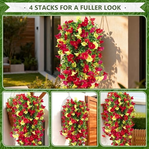 4-Pack Fake Hanging Plants, Faux Hanging Plant Artificial Greenery for Living Room Bedroom Boho Wall Shelf Indoor Outdoor Decor (Purple Pink Yellow Red Morning Glory) - Image 5