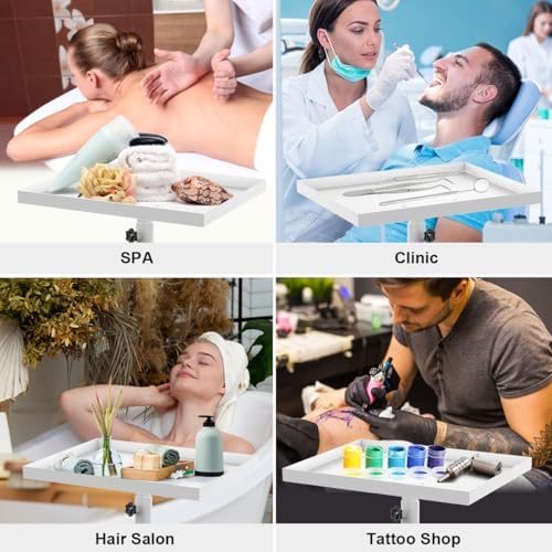 Salon Tray on Wheels, Salon Tray Cart Tattoo Tray Rolling Trolley, Hair Stylist Tray Height Adjustable, Dental Tray Hairdresser Tray Rolling Table Tray Cart (White) - Image 6