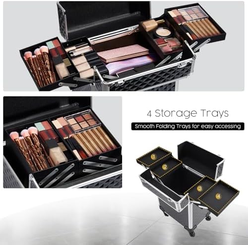 Rolling Makeup Train Case Large Cosmetic Trolley Organized Aluminum Barber Case for Hairstylist Makeup Nail Tech Salon with Keys Swivel Wheels Traveling Cart Trunk - Black - Image 3