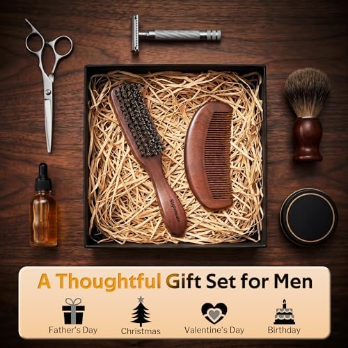 STYLEMATE Mens Boar Bristle Hair Brush Comb Set, Slick Back Mens Hair Brush with Stiff Bristles for Fine Hair, Beard Brush with Natural Black Walnut Wooden Gold Sandalwood Handle - Image 2