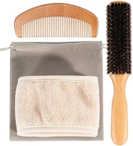4PCS Boar Bristle Hair Brush Comb Set for Women Men Kid, Soft Natural Slick Back Hair Brush for Thin & Fine Hair, Travel Bag & Spa Headband Included by Stylemate
