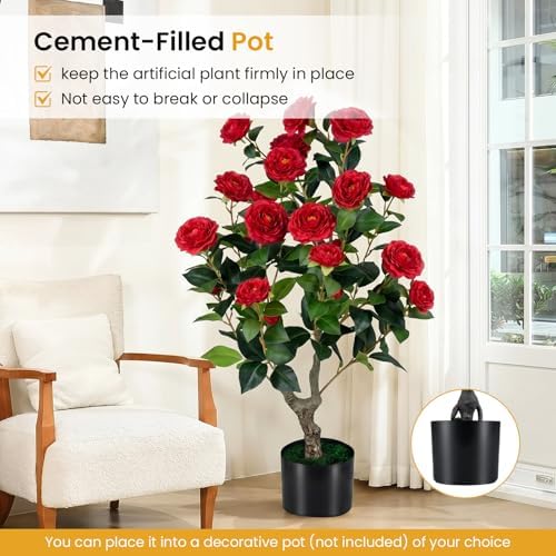 Goplus 35.5’’ Artificial Camellia Tree, Flower Plants Artificial Tree - Image 5