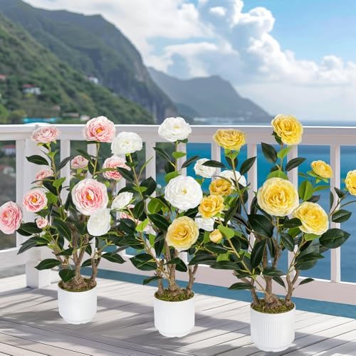 2 Pack Artificial Camellia Tree with White Pot, 24" Faux Potted Plants for Indoor Outdoor Decor, Tall Silk Greenery Plant for Home Office Living Room Balcony, White - Image 7