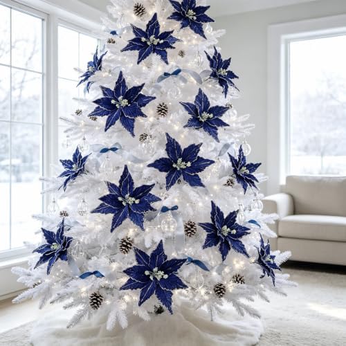 Kimura's Cabin 6Pcs Artificial Poinsettia Christmas Flowers Set,Royal Blue - Image 4