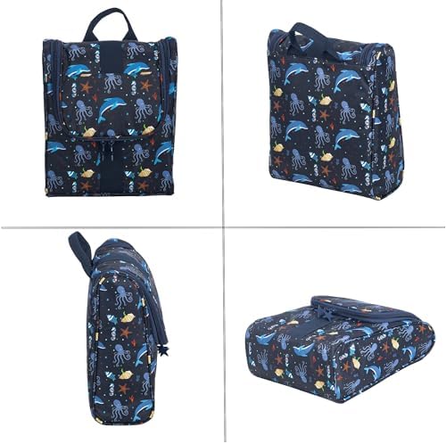 Remobia Hicol Cute Cartoon Hanging Kids Toiletry Bag Children Travel Cosmetic Makeup Organizer Wash Bag Shower bag Over Night Bag Camping Shaving Kit Bag for Boys & Girls (Sea World) - Image 3