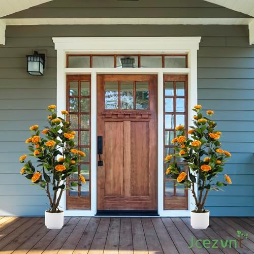 2 Pack Artificial Camellia Tree with White Pot, 38" Faux Potted Plants for Indoor Outdoor Decor, Tall Silk Greenery Plant for Home Offce Living Room Balcony,White, Orange - Image 4