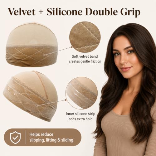 2 Pack Wig Grip Caps for Women Non Slip, 2-in-1 Modal Wig Cap with Velvet Grip Band & Silicone Grip, Hair-Friendly Short Hook Closure, Glueless Wig Cap for Lace Front Wigs, Fits 18.5-23 Inch - Image 5