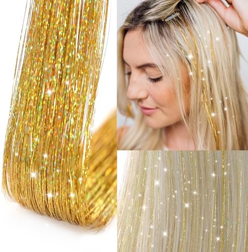Gold Hair Tinsel Packs of 12Pcs Clip in Hair Tinsel Kit 20.5 inch Fairy Hair Tinsel Heat Resistant for Women Girls Glitter Hair Extensions for Christmas New Year Halloween Cosplay Party (Golden) - Image 2