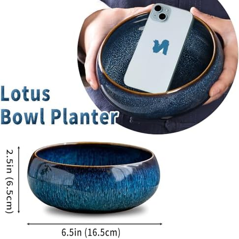 Oncpcare Lotus Bowl Planter – Glazed Ceramic Water Plant Pot for Indoor Outdoor Use, Shallow Hydroponic Vase for Lotus Seeds, Succulents, Bonsai, Water Lily Arrangement (Blue) - Image 2