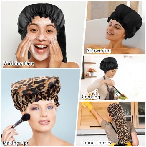 2 Pcs Large Shower Cap for Braids, Extra Long Shower Cap for Women Long Hair & Locs, Waterproof Hair Bonnets for Dreadlocks Drawstring Bath Caps for Women & Men (Black, Leopard) - Image 6