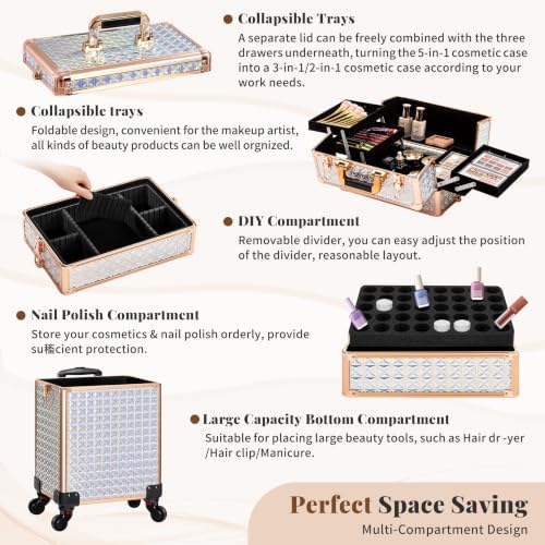 AROUS 5 in 1 Rolling Makeup Train Case with Lid Cosmetology Case on Wheels - Image 5