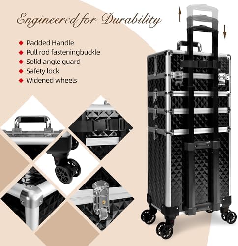 5 in 1 Rolling Makeup Train Case Professional Cosmetic Trolley Large Storage Organizer on Wheels for Hairstylist Artist Nail Beauty Salon Barber Black - Image 7