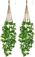 Mkono Fake Hanging Plant, Macrame Hanger with Pothos Vines & Pot, Brown 2Pc by Mkono